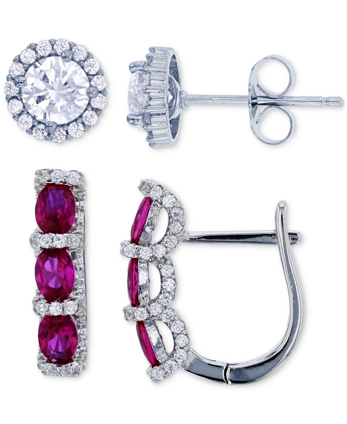 Macy's 2-pc. Set Lab-grown Spinel (2 Ct. T.w.) & Cubic Zirconia Halo Stud & Three Stone Leverback Earrings In Ruby