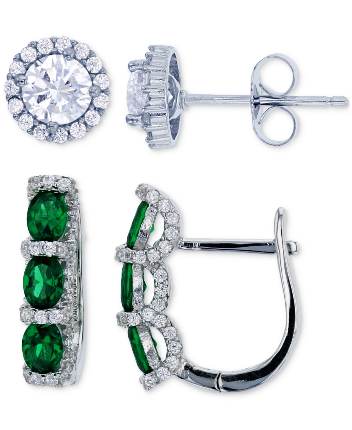 Macy's 2-pc. Set Lab-grown Spinel (2 Ct. T.w.) & Cubic Zirconia Halo Stud & Three Stone Leverback Earrings In Green
