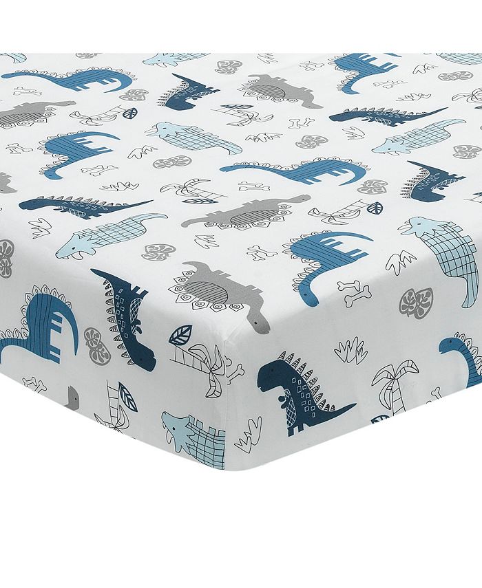 Lambs & Ivy Baby Dino 100 Cotton Blue/White/Gray Dinosaur Fitted Crib
