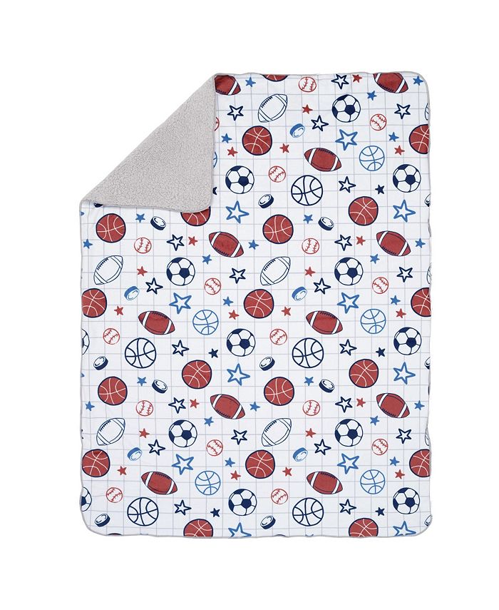Lambs & Ivy Baby Sports White Fleece Baby Blanket Football/Basketball