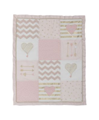 Baby Love Metallic Gold/Pink/White Hearts, Stripes and Chevrons 4-Piece Nursery Crib Bedding Set