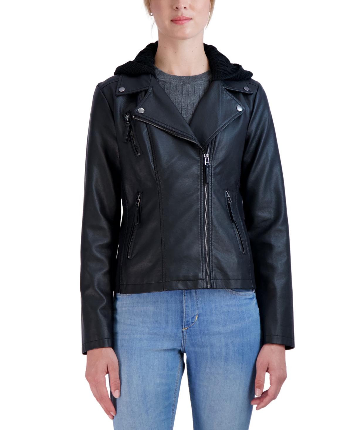 Women's Hooded Faux Leather Moto Jacket - Black