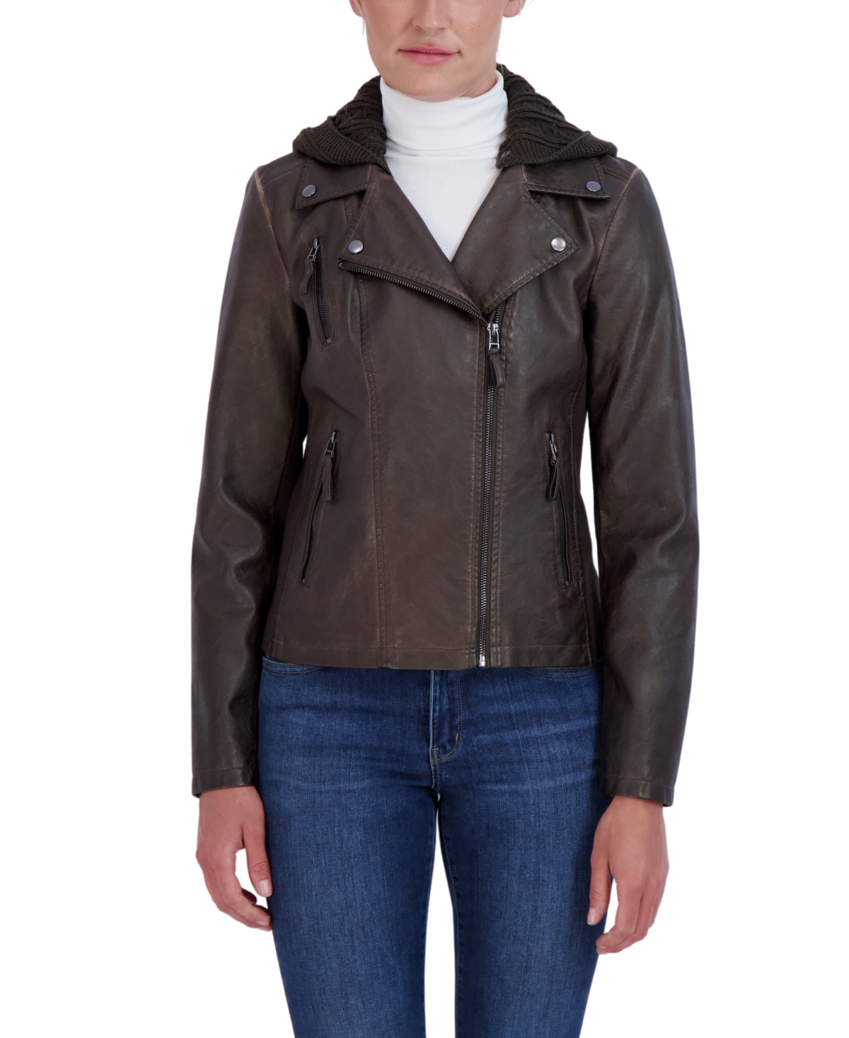 Women's Hooded Faux Leather Moto Jacket - Brown