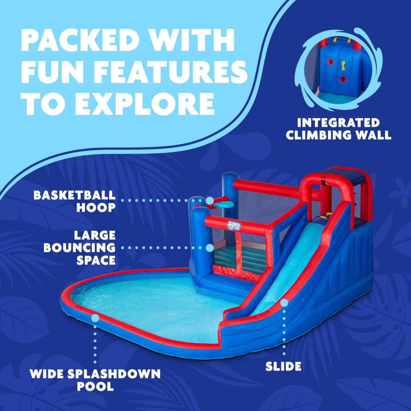 Детская игрушка Sunny & Fun Puncture-Resistant Inflatable Water Slide with Climbing Wall, 14.1'L x 13.1'W x 7.3'H, Nylon Bounce House, цвет: Синий — фото 2
