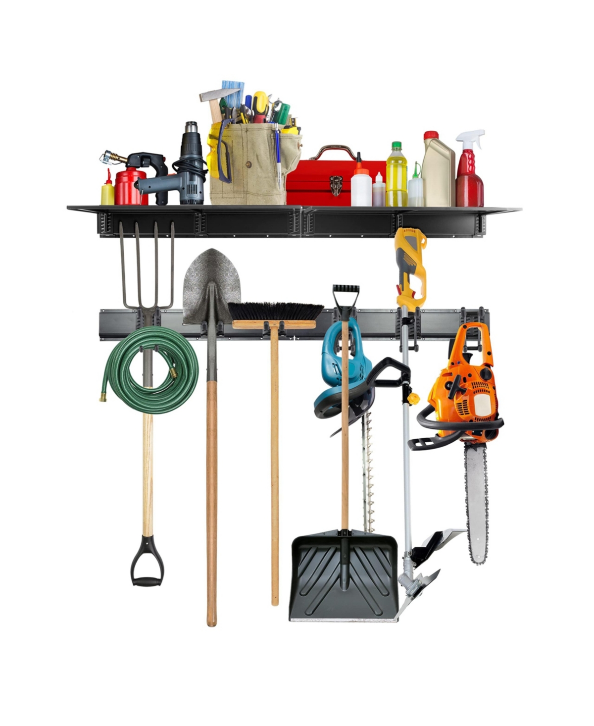 Wall-Mounted Tool Racks with Storage Shelves and Hooks - Black
