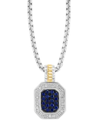 EFFY&reg; Men's Sapphire (7/8 ct. t.w.) & White Sapphire (1/4 ct. t.w.) 22" Halo Cluster 22" Pendant Necklace in Sterling Silver & 14k Gold-Plated