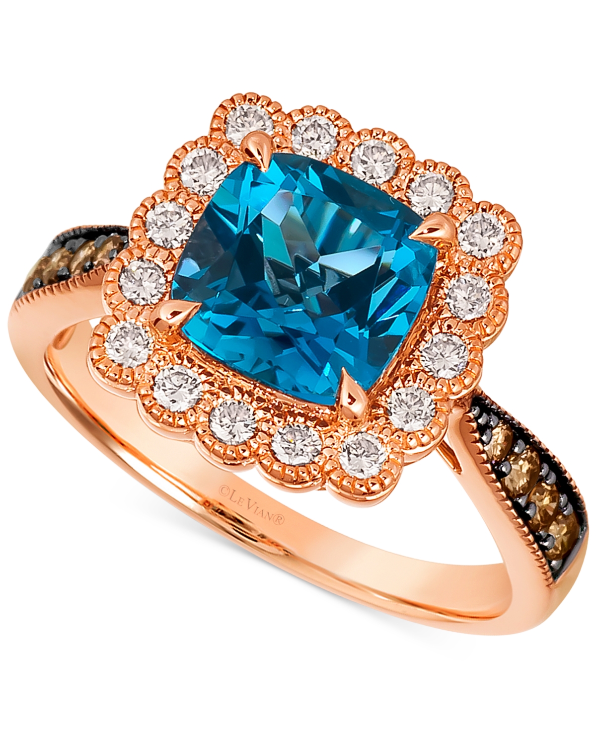 Le Vian Deep Sea Blue Topaz (2-1/2 Ct. T.w.) & Diamond (1/2 Ct. T.w.) Cushion Halo Ring In 14k Rose Gold
