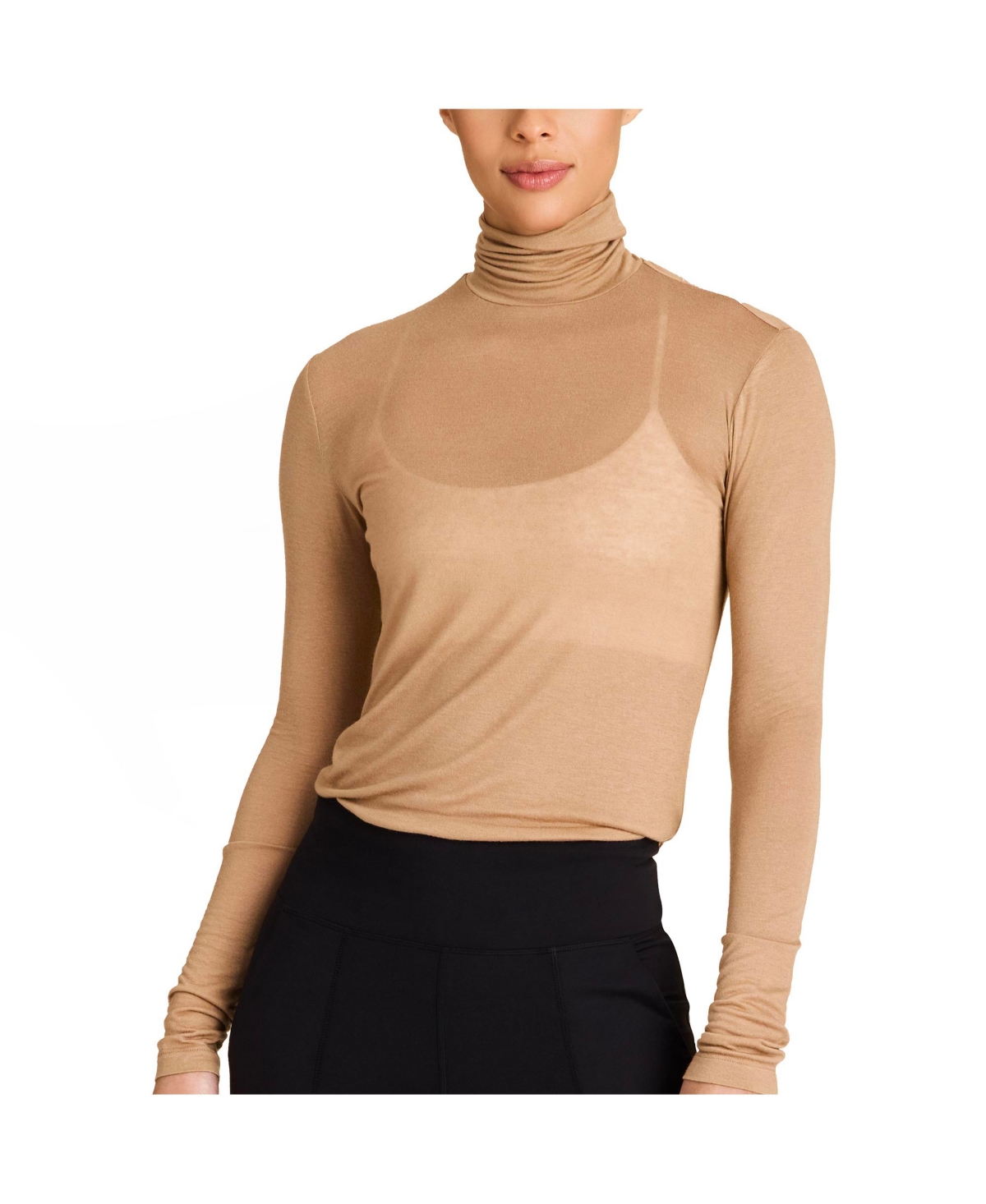 Regular Size Adult Women Washable Cashmere Turtleneck Long Sleeve T-Shirt - Camel
