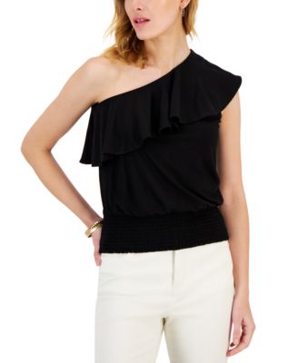 I.N.C. International Concepts - Women's Solid Ruffled One-Shoulder Smocked-Hem Top