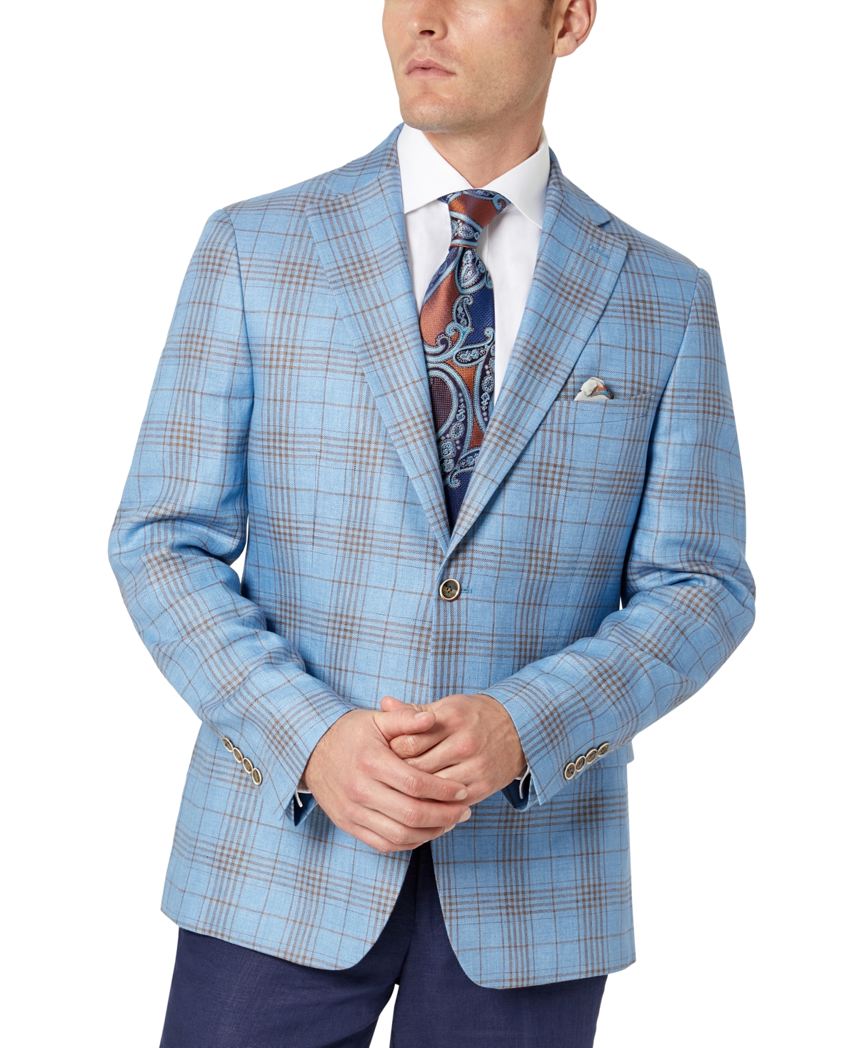 Tallia Slim Fit Patterned Linen Sportcoats In Light Blue/brown