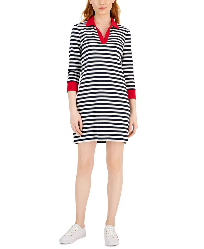 Tommy Hilfiger Women's Striped 3/4-Sleeve Johnny Collar Dress - Macy's