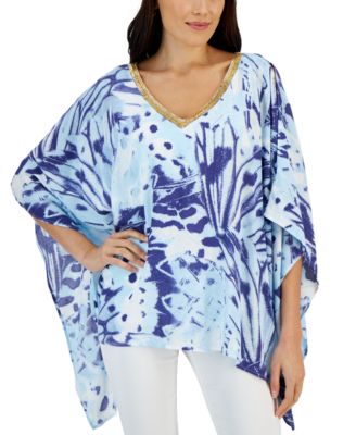 JM Collection - Women's Butterfly Prism Printed Handkerchief-Hem Top