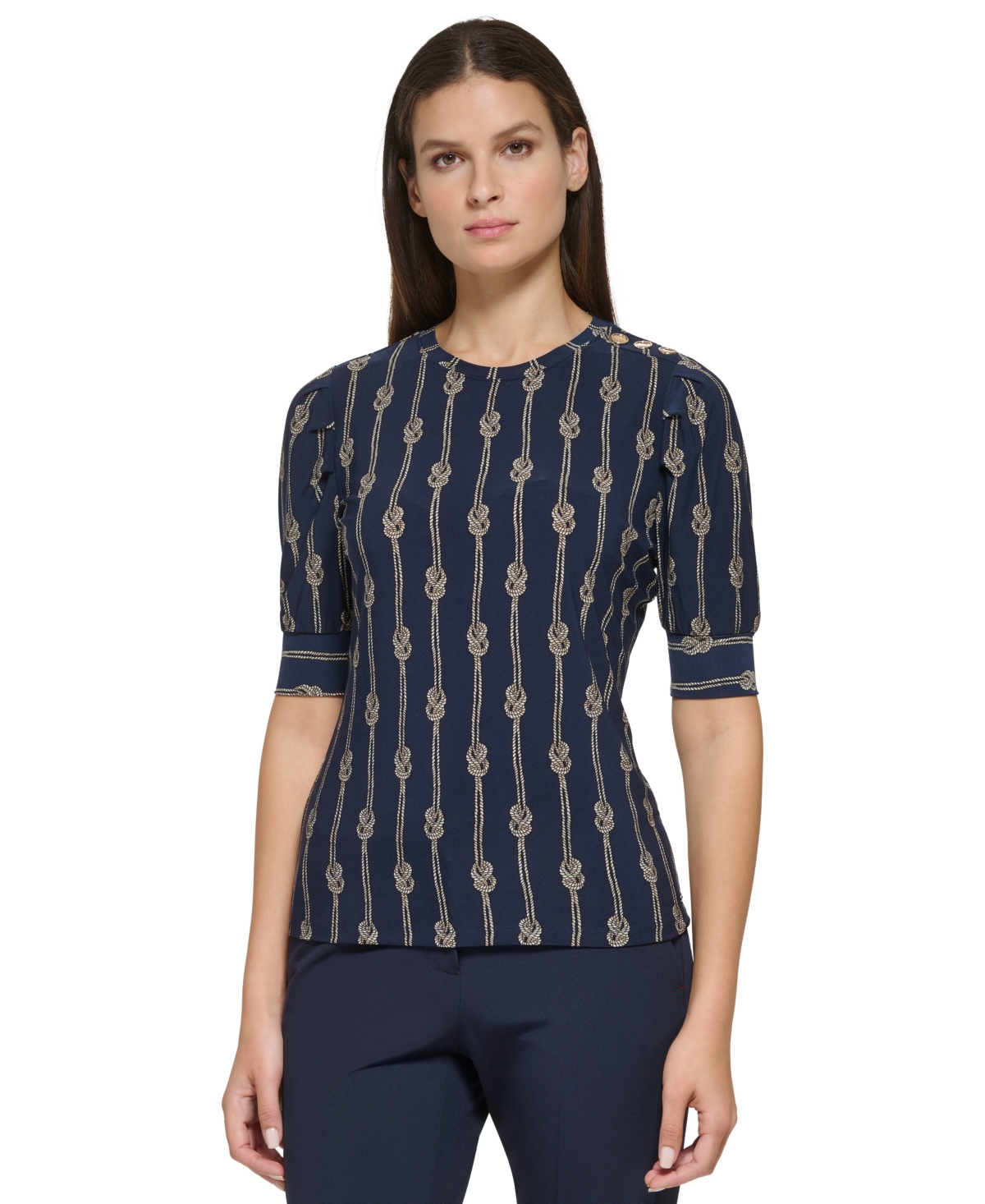 Tommy Hilfiger Women's Knot-print Puff-sleeve Knit Top In Midnight Multi