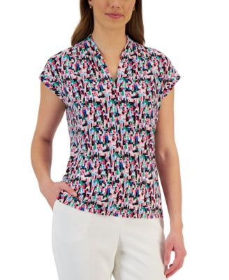 Kasper - Petite Printed V-Neck Cap-Sleeve Top