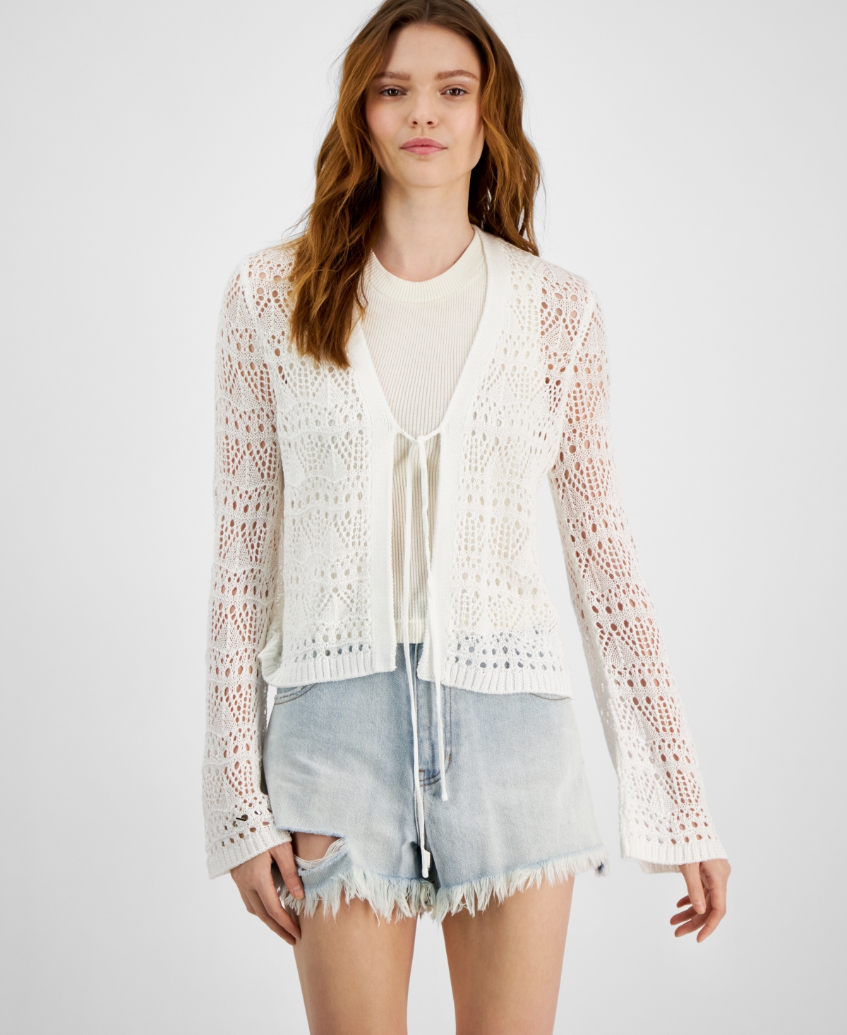 Hooked Up by Iot Juniors' Open-Knit Tie-Front Cardigan Sweater