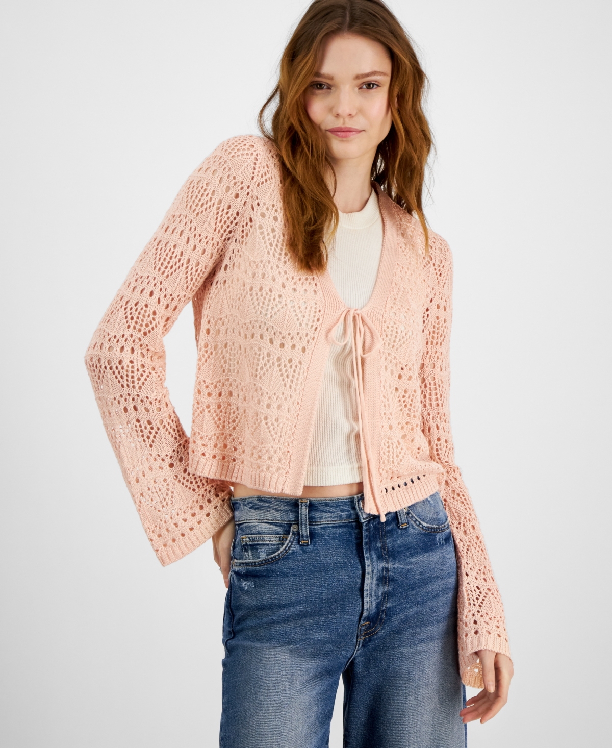 Hooked Up by Iot Juniors' Open-Knit Tie-Front Cardigan Sweater
