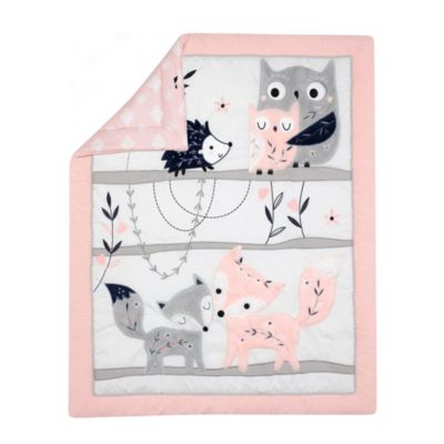 Forever Friends White/Pink/Gray Woodland Fox/Owl 4-Piece Nursery Crib Baby Bedding Set