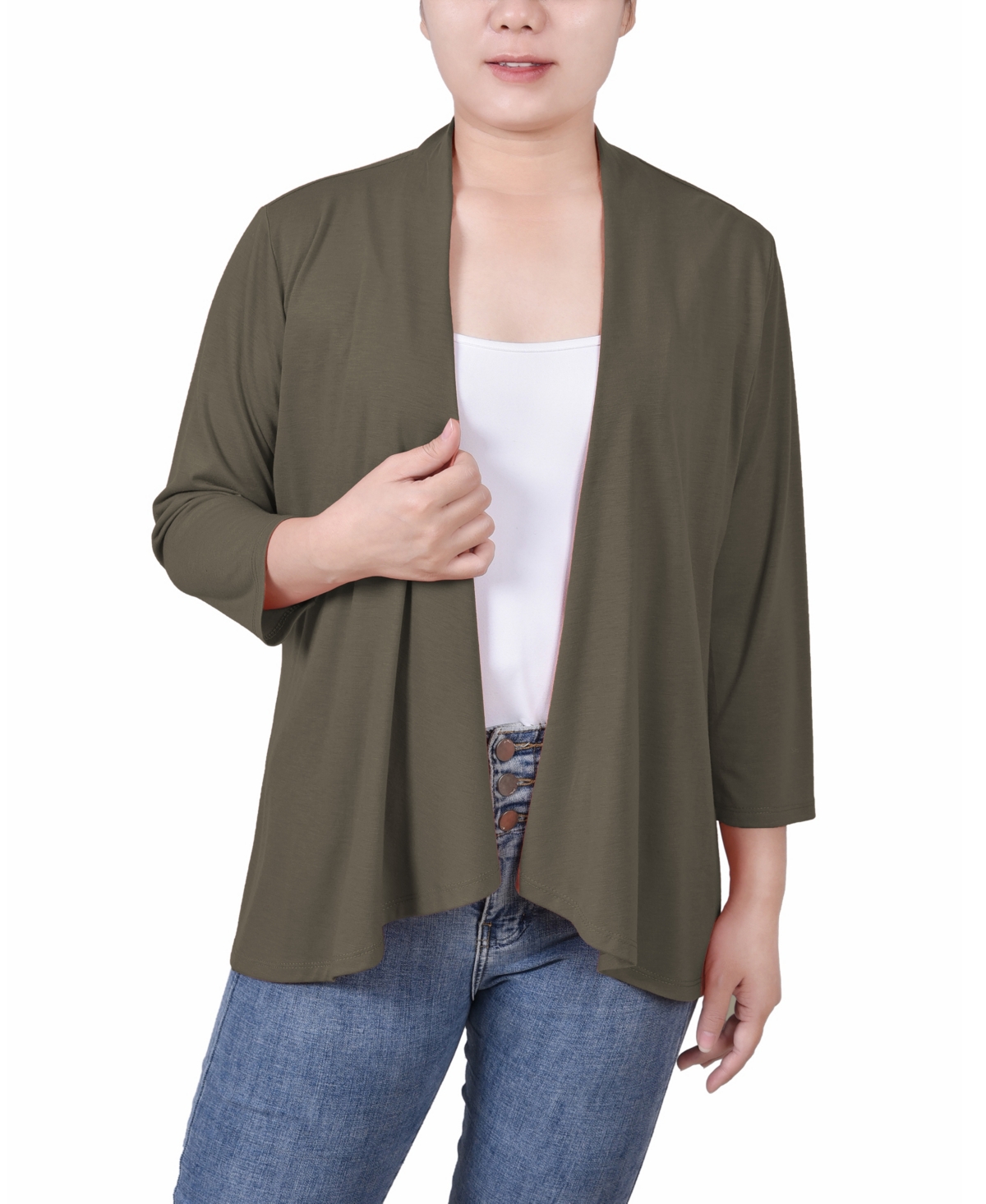 Ny Collection Women's Solid 3/4 Sleeve Cardigan In Dusty Olive