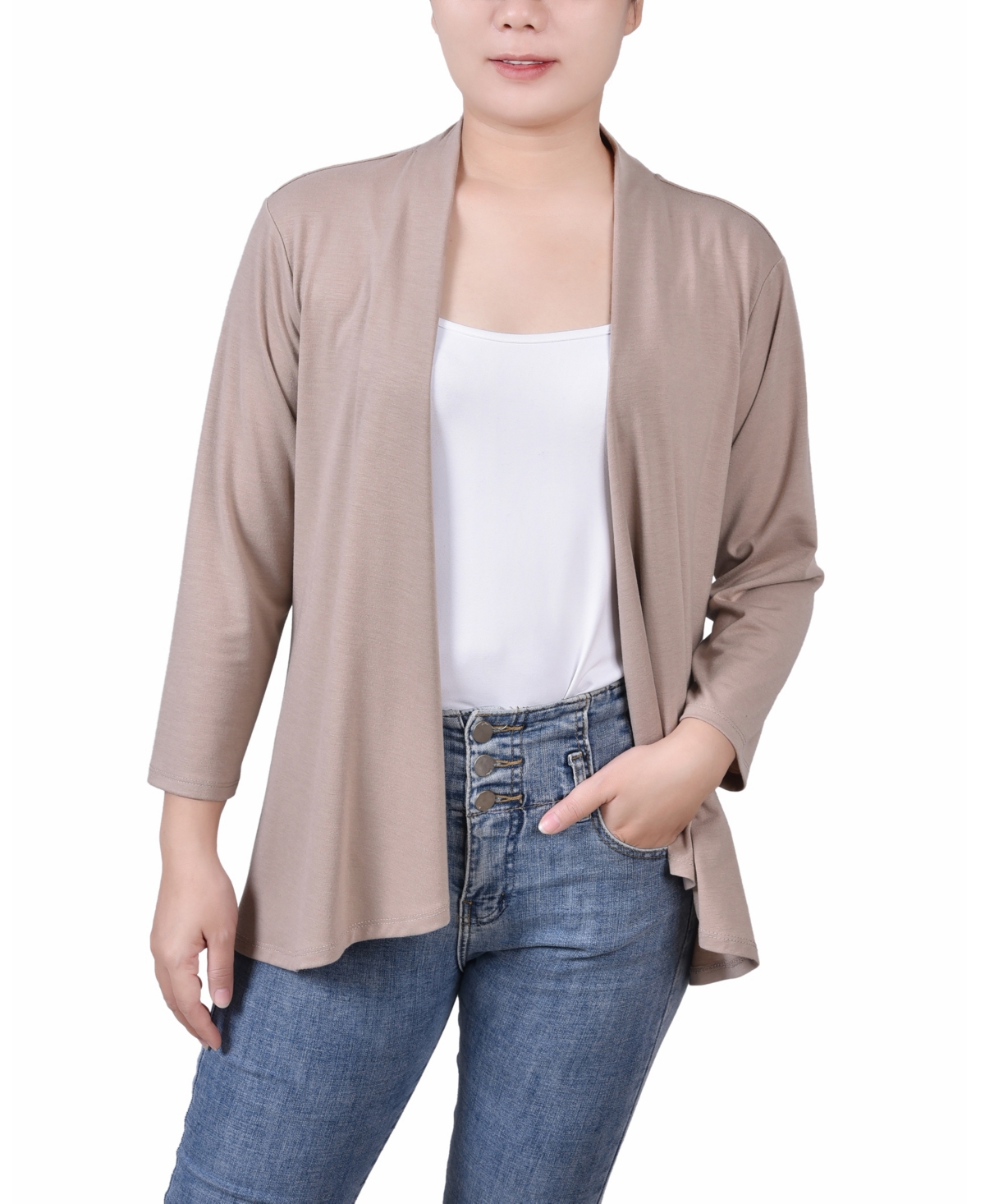 Ny Collection Women's Solid 3/4 Sleeve Cardigan In Fawn