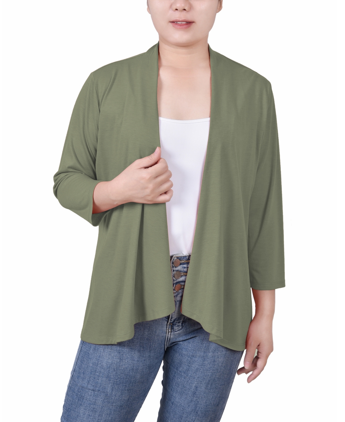 Ny Collection Women's Solid 3/4 Sleeve Cardigan In Oil Green