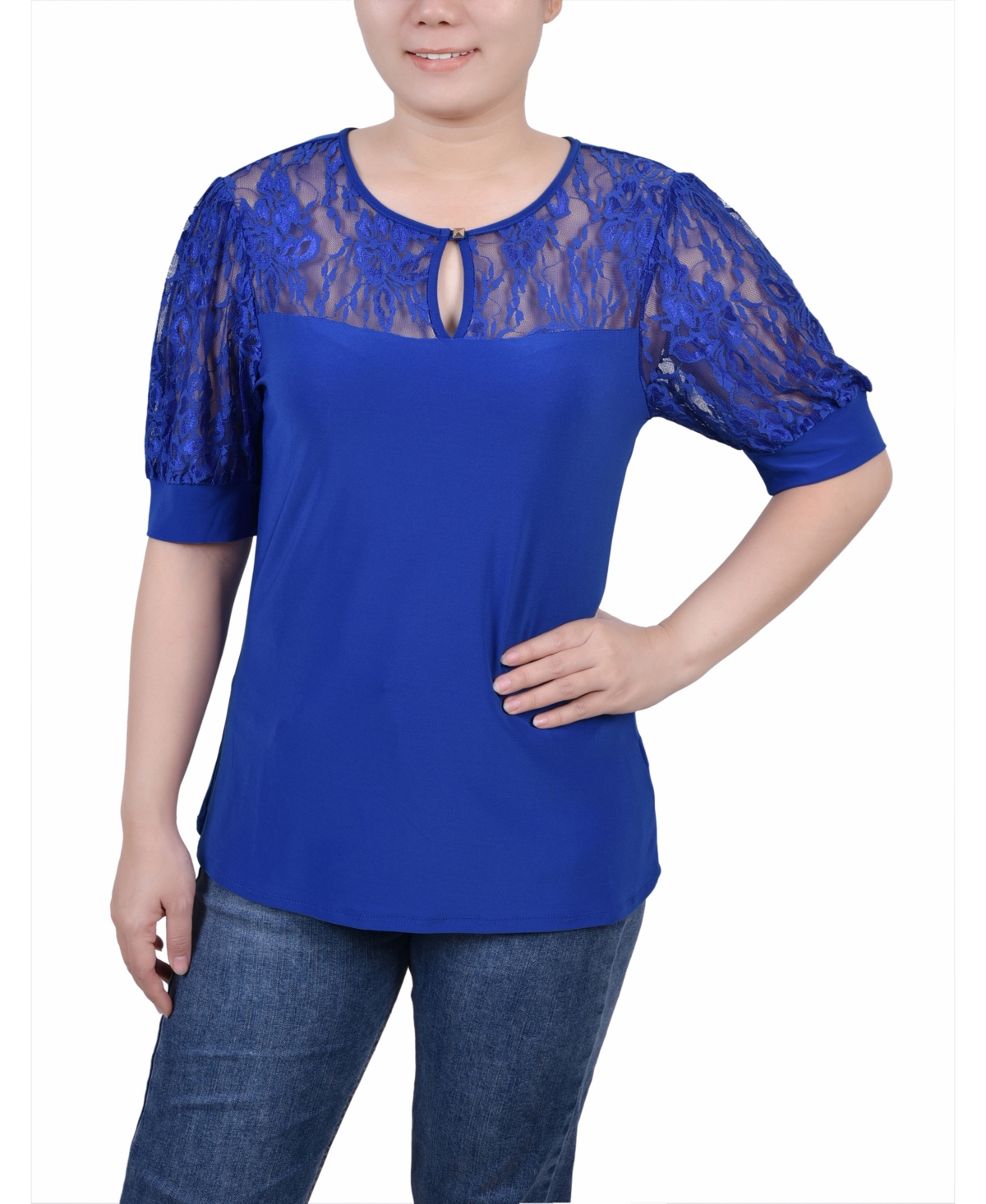 Ny Collection Petite Size Short Puff Sleeve Top With Lace Sleeves And Yoke In Surf The Web