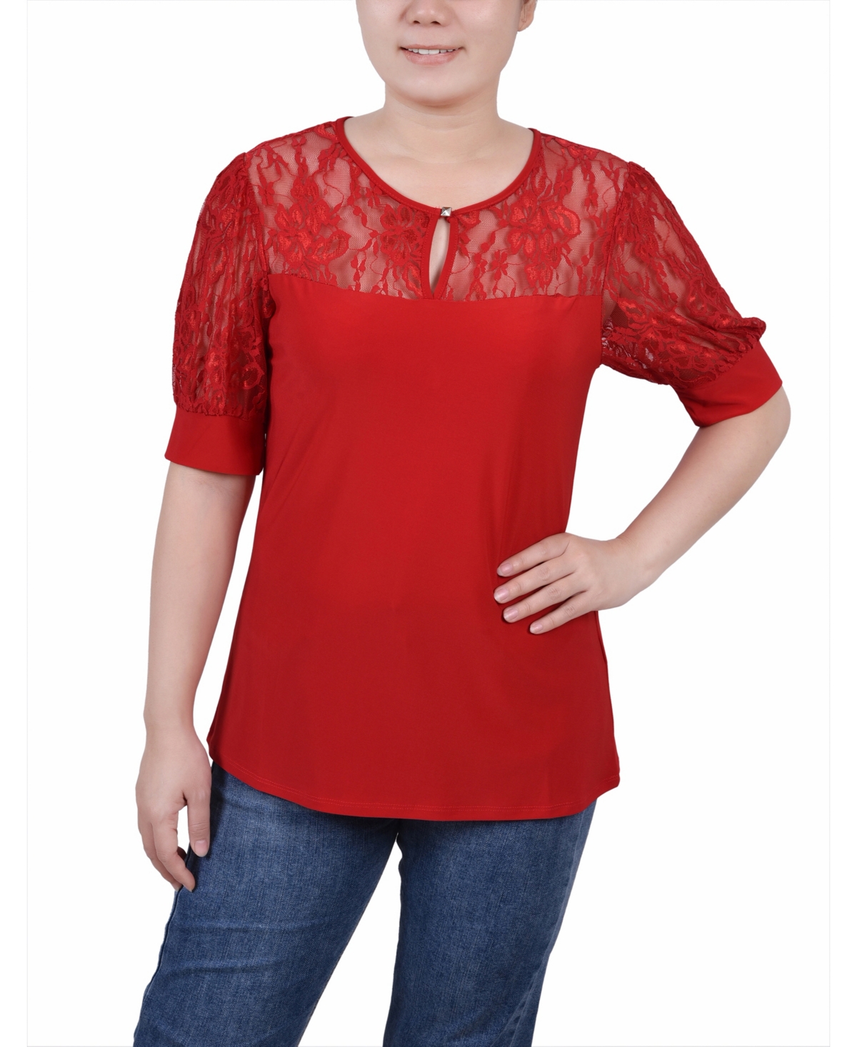 Shop Ny Collection Women's Short Puff Sleeve Top With Lace Sleeves And Yoke In Jester Red