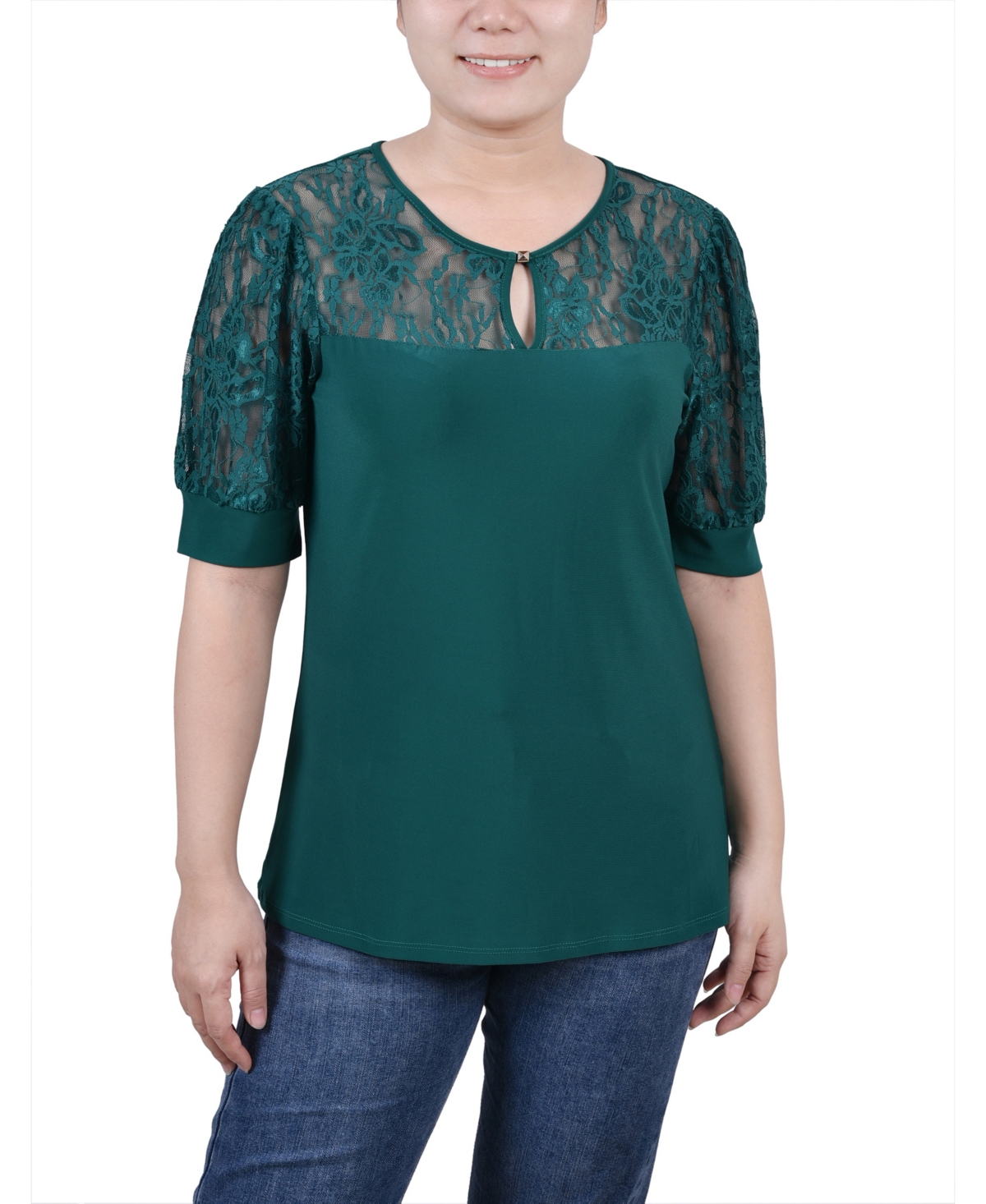Ny Collection Women's Short Puff Sleeve Top With Lace Sleeves And Yoke In Alpine Green