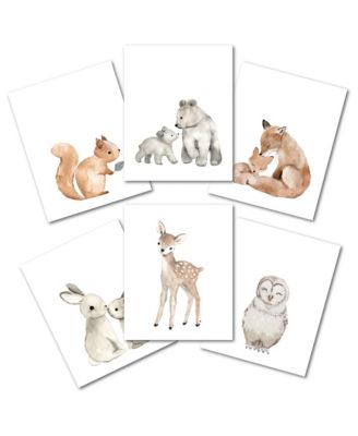 Watercolor Woodland Animals 6-Piece Unframed Nursery Wall Art Decor