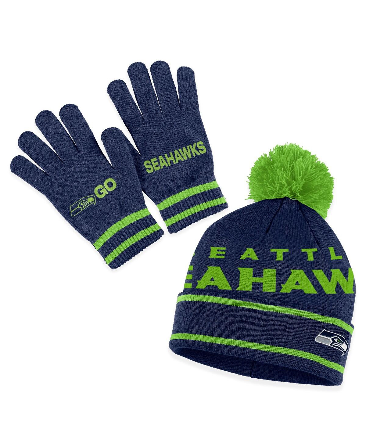 Women's Wear by Erin Andrews College Navy Seattle Seahawks Double Jacquard Cuffed Knit Hat with Pom and Gloves Set - Navy