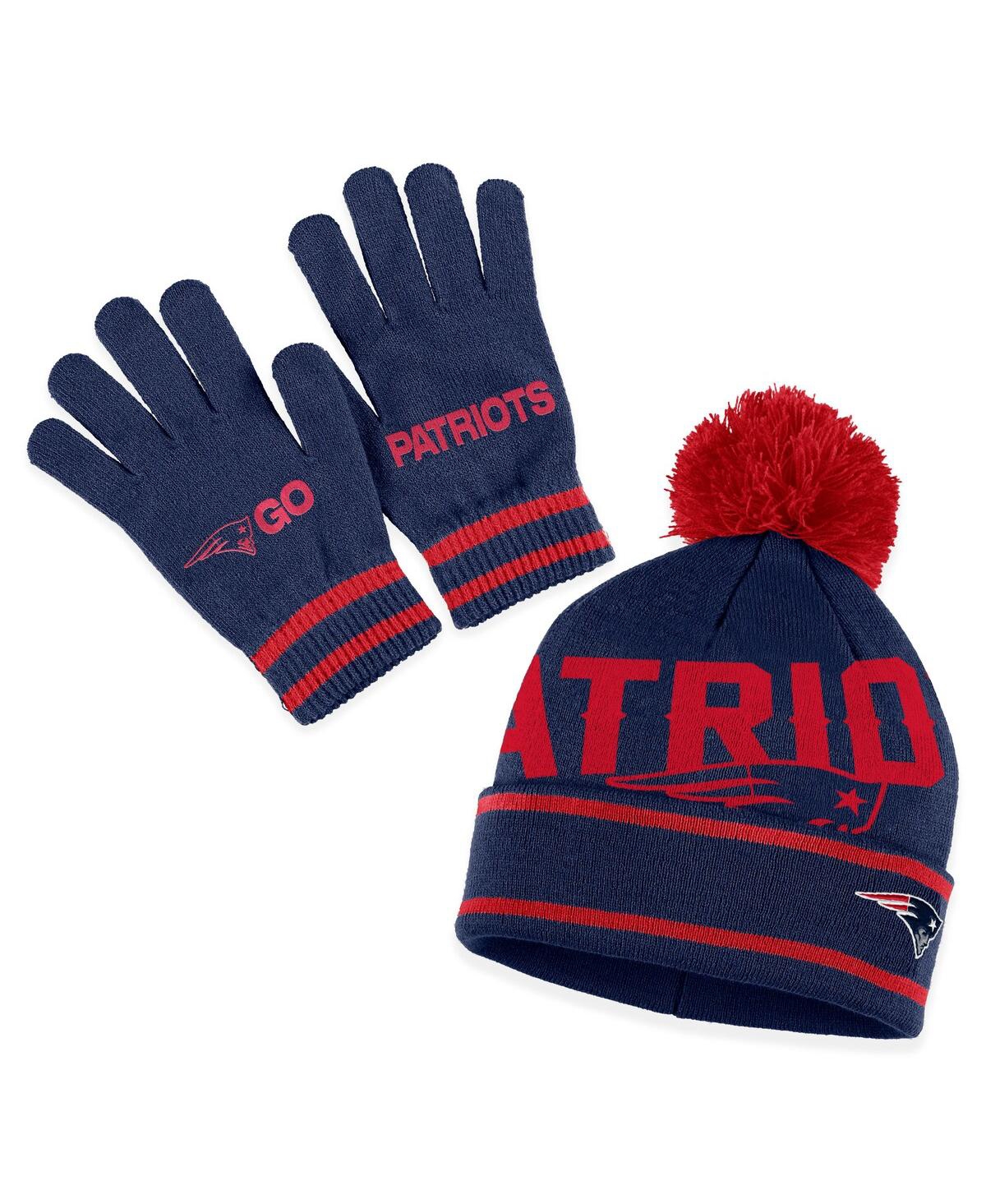 Women's Wear by Erin Andrews Navy New England Patriots Double Jacquard Cuffed Knit Hat with Pom and Gloves Set - Navy