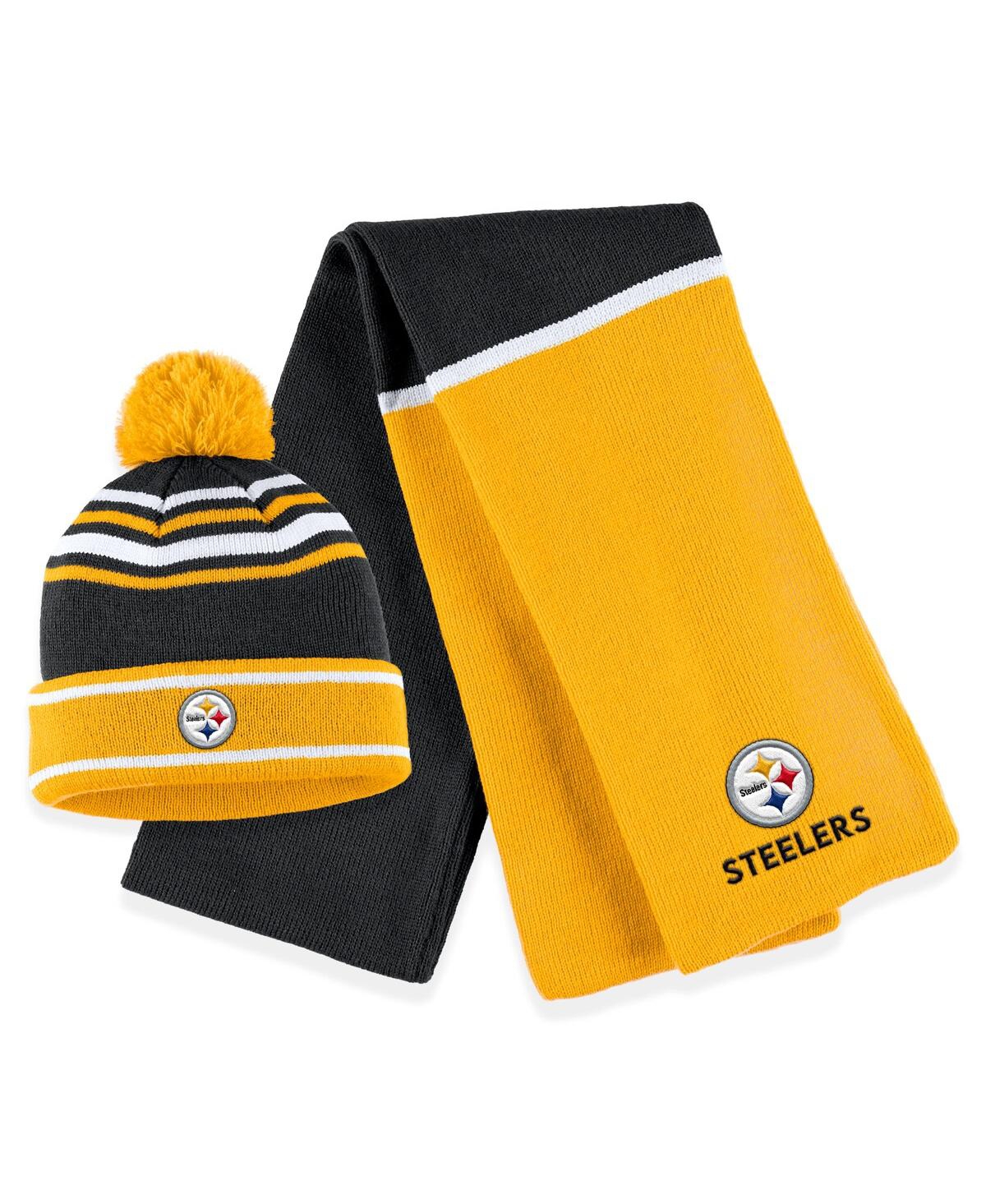 Shop Wear By Erin Andrews Women's  Black Pittsburgh Steelers Colorblock Cuffed Knit Hat With Pom And Scarf