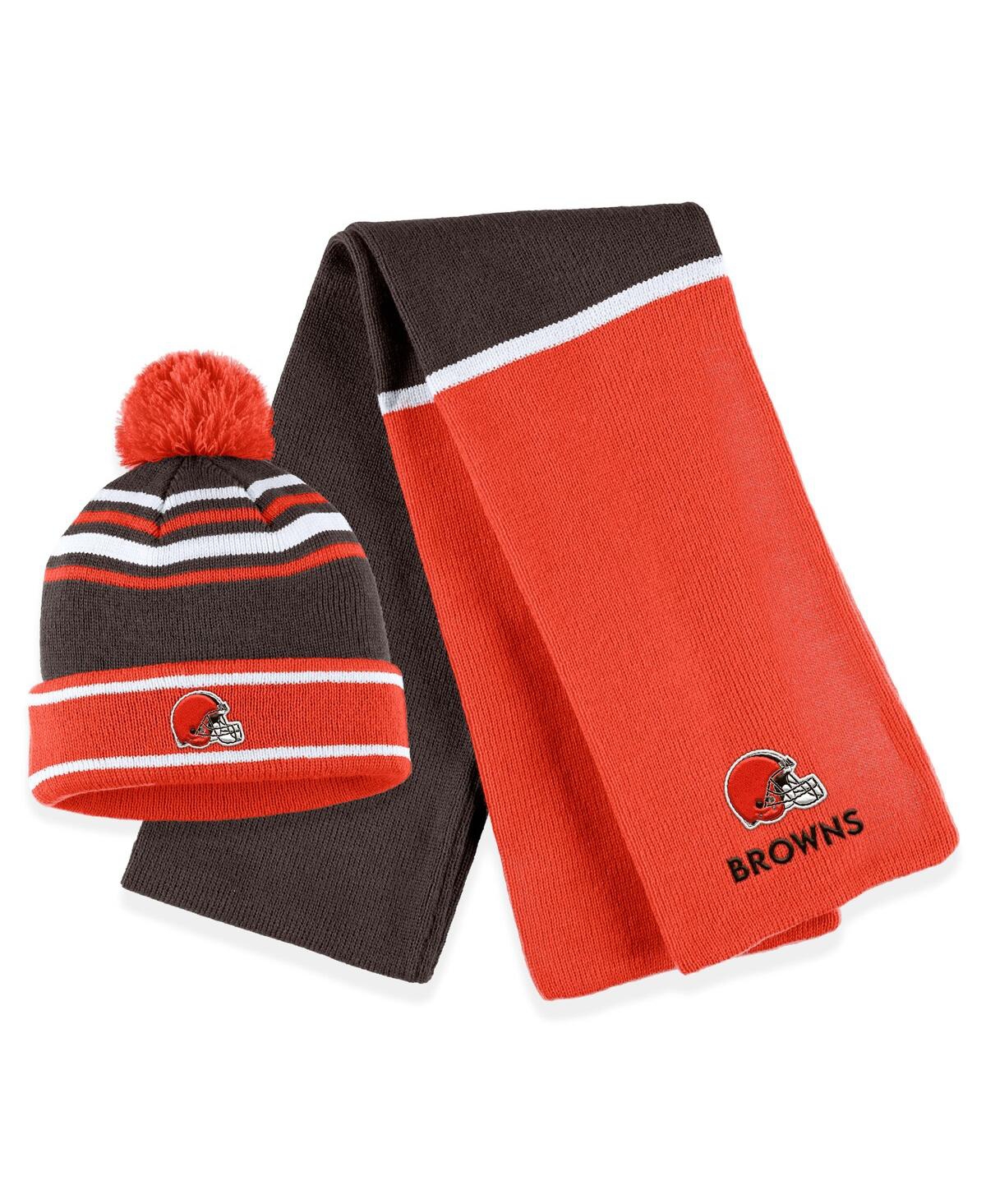 Shop Wear By Erin Andrews Women's  Orange Cleveland Browns Colorblock Cuffed Knit Hat With Pom And Scarf S