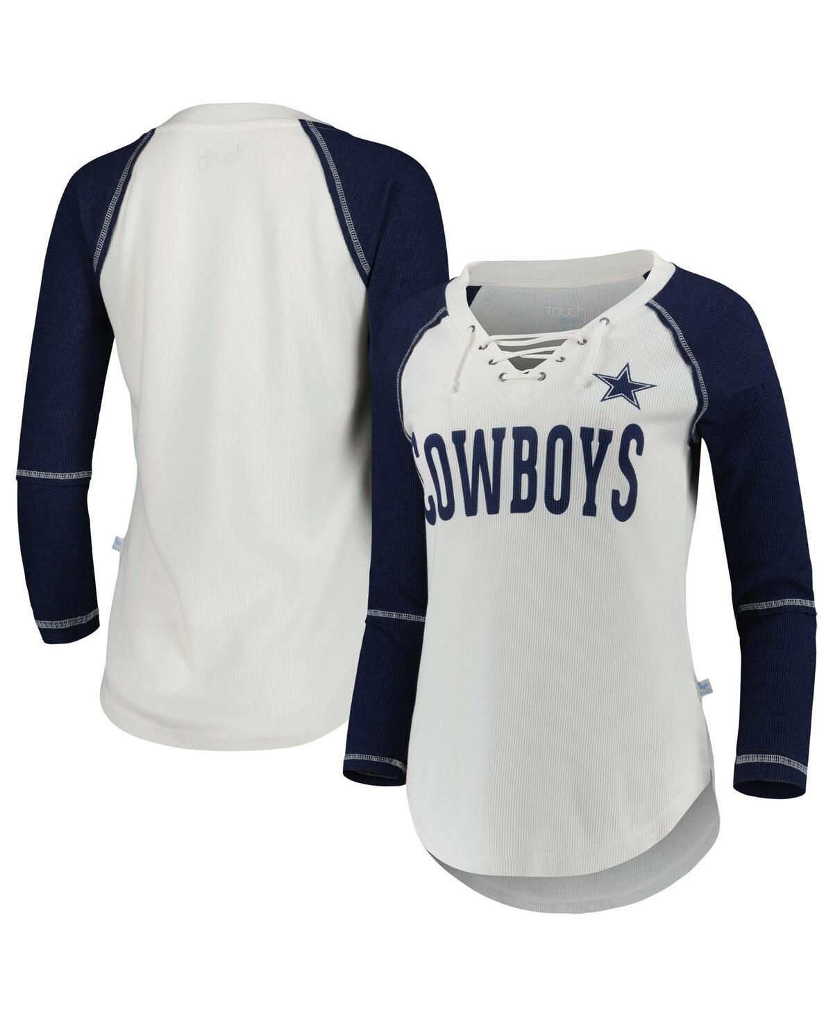 Touché Women's Touch White, Navy Dallas Cowboys Rebel Raglan Three-quarter Sleeve Lace-up V-neck T-shirt In White,navy