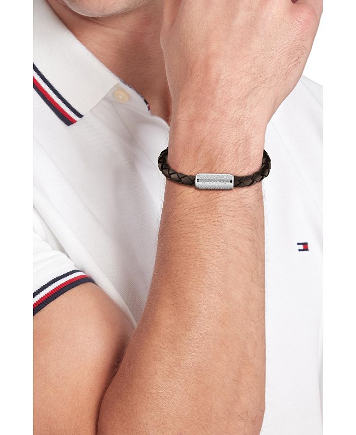 Tommy Hilfiger Men's Braided Tobacco Leather Bracelet Macy's