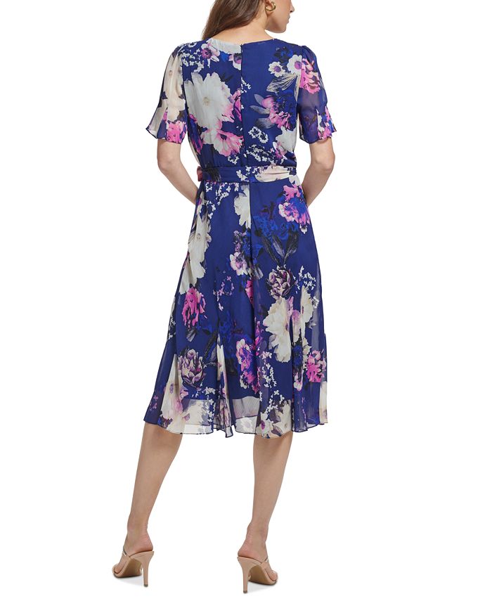 DKNY Women's Floral-Print Godet-Trim Midi Dress - Macy's