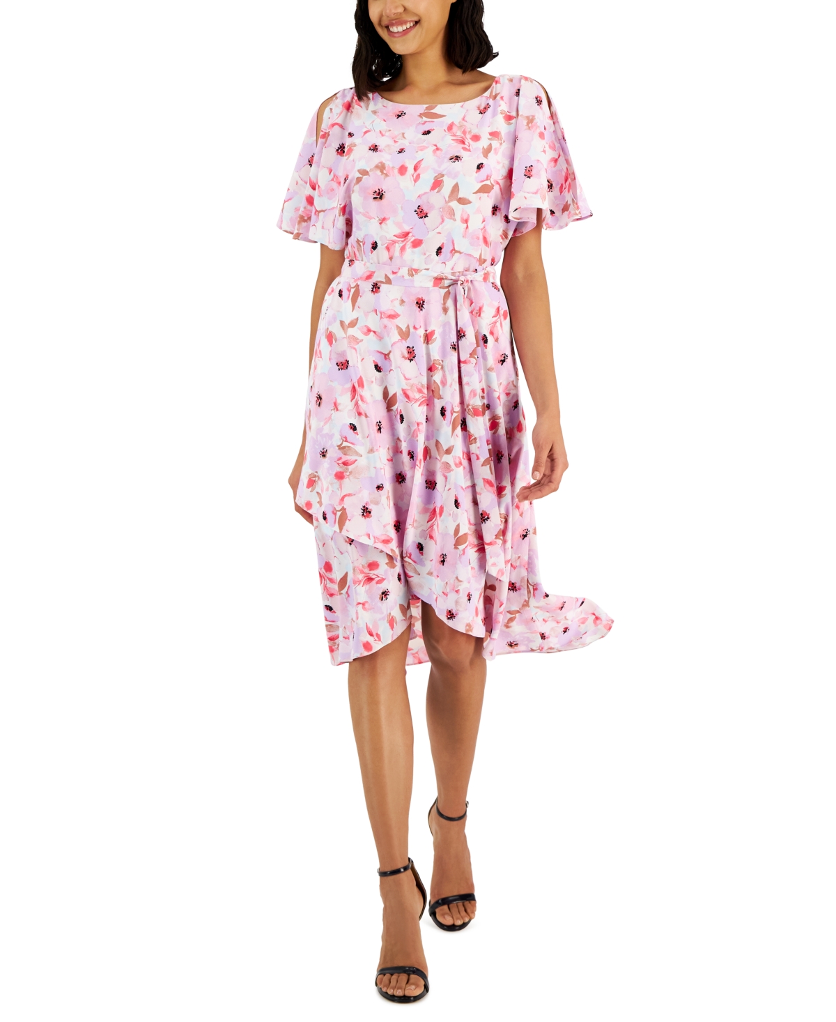 Anne Klein Floral Flutter Sleeve Midi Dress In Lilac Petal Multi