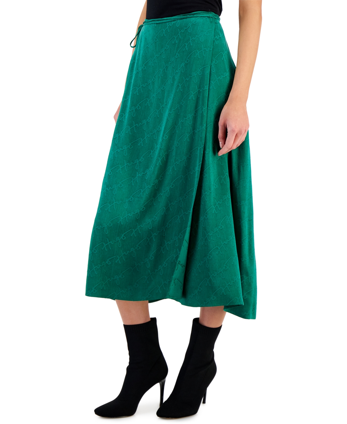 Hugo Women's Jacquard Logo-print Midi Tie Wrap Skirt In Med Green