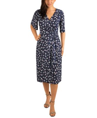 Robbie Bee - Petite Floral-Print Elbow-Sleeve Faux Wrap Dress