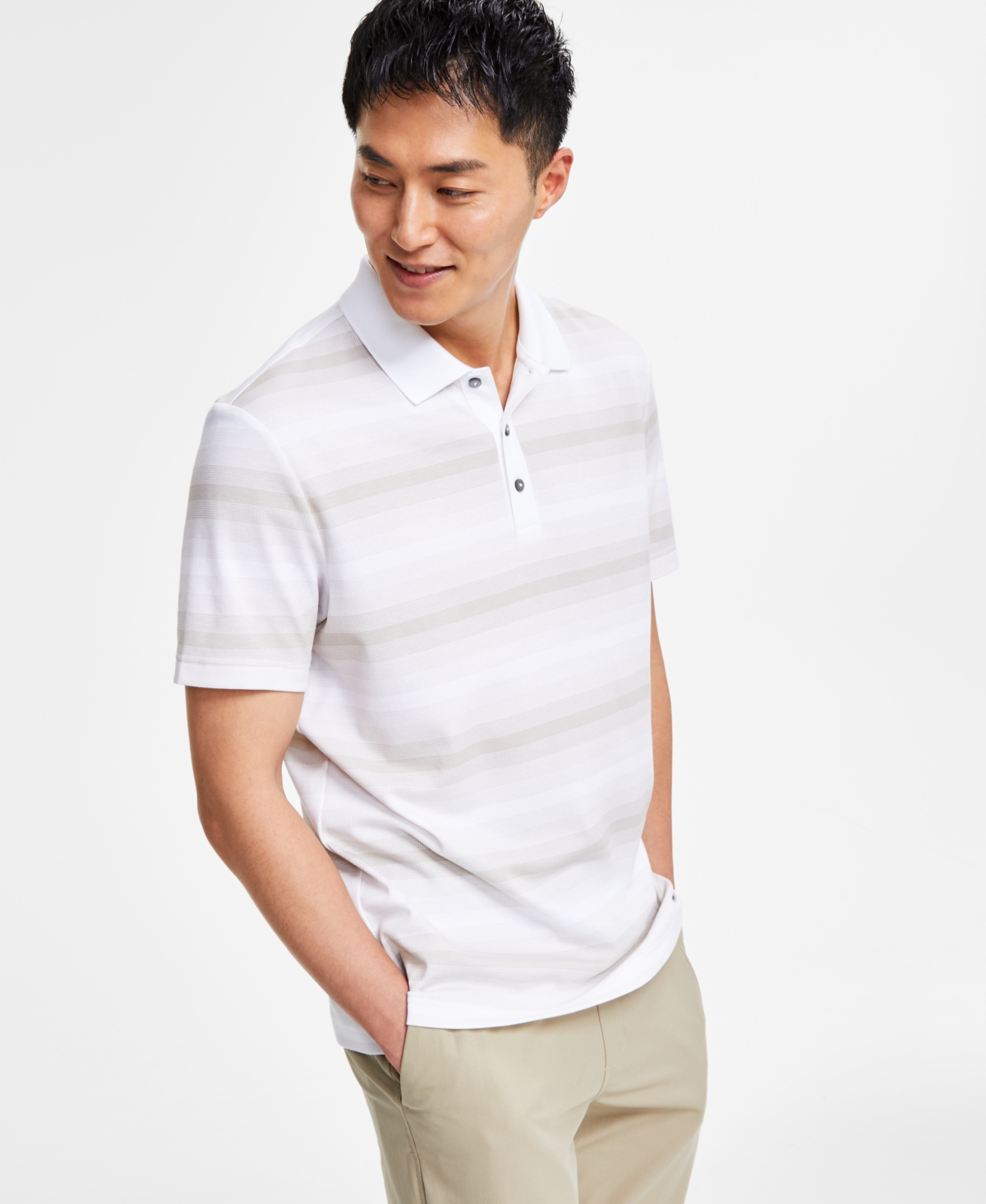 Men's Regular-Fit Supima Knit Interlock Striped Polo Shirt, Created for Macy's - White