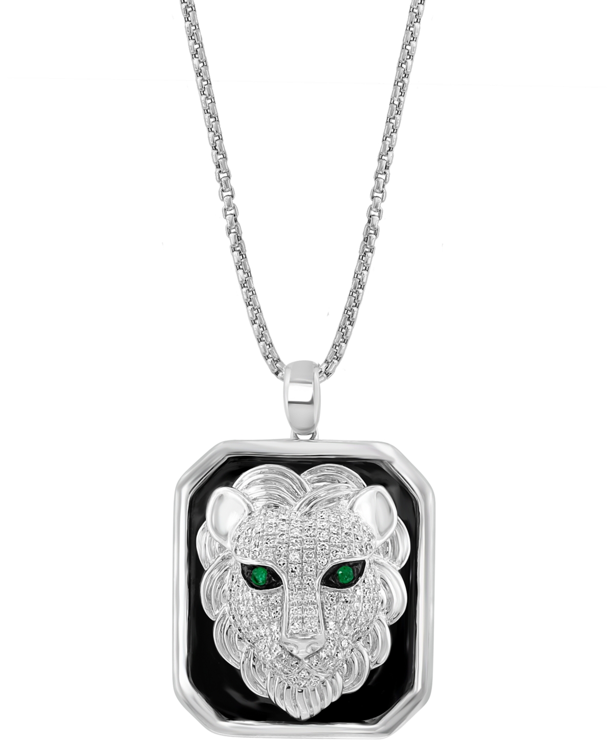 Effy Collection Effy Men's Diamond (1/2 Ct. T.w.) & Emerald Accent Black Enamel Lion 22" Pendant Necklace In Sterlin In Sterling Silver