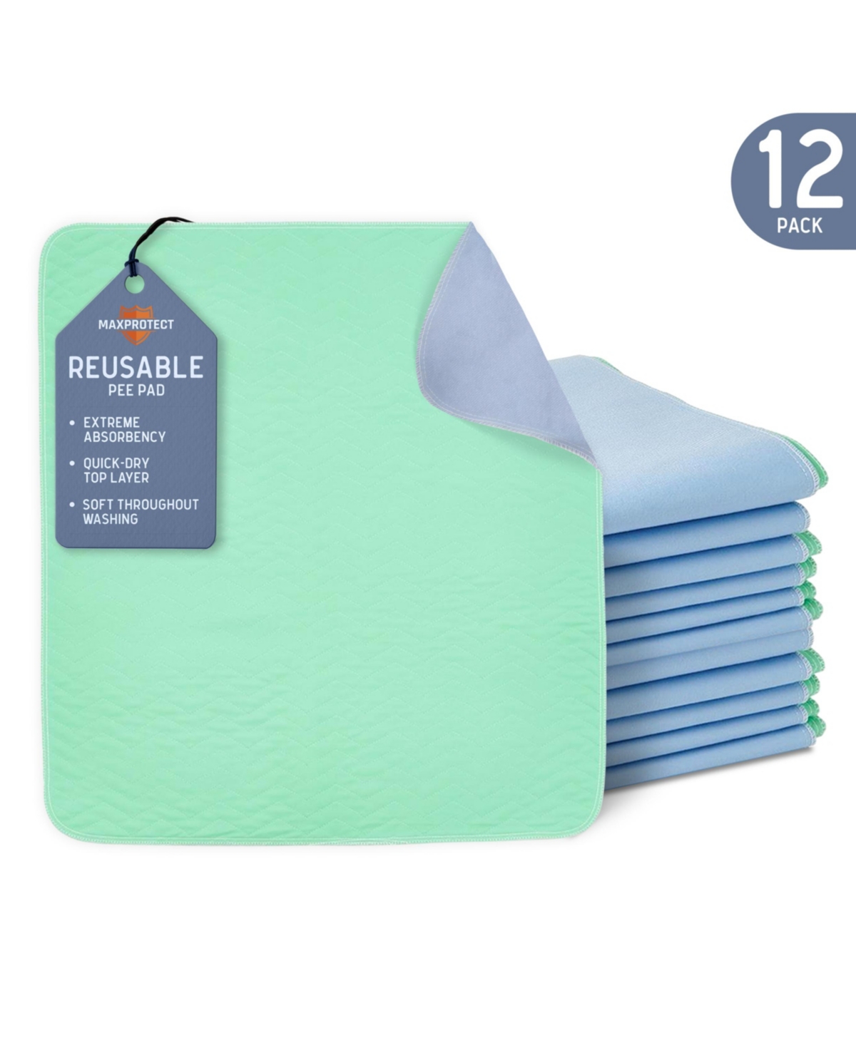 MaxProtect Quick-Dry Reusable Pee Pads for Dogs, Training Underpads, Maximum Absorbency - 12 Pack, 34" x 36" - Bright Green, Blue