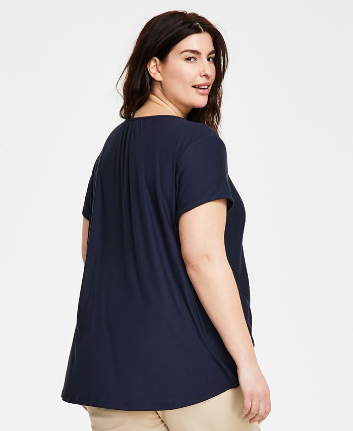 Tommy Hilfiger Plus Size Solid Short-Sleeve Pintuck Top - Macy's