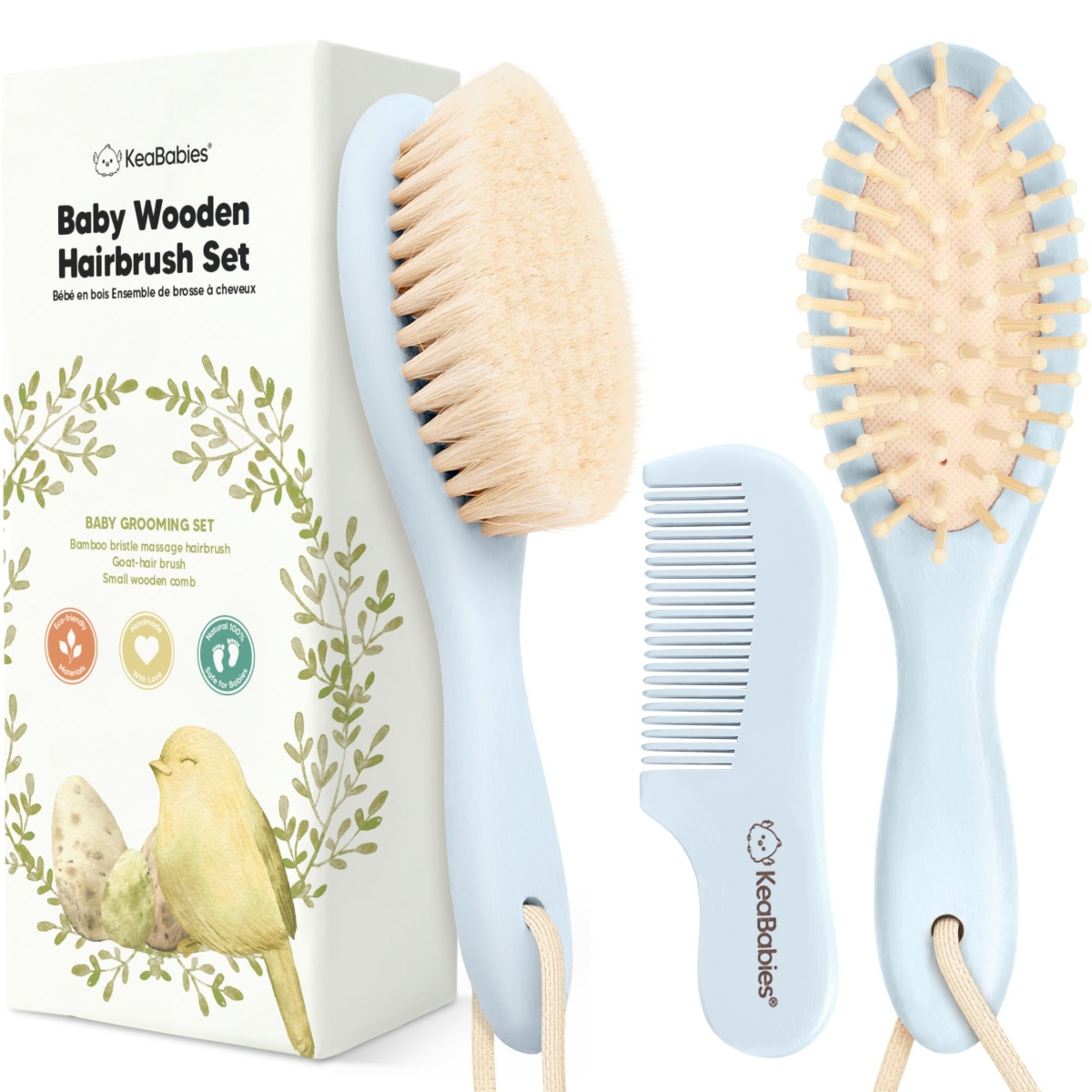 Keababies Baby Hair Brush And Comb Set, Oval Wooden Baby Brush Set For Newborns, Infant, Toddler Grooming Kit In Frost
