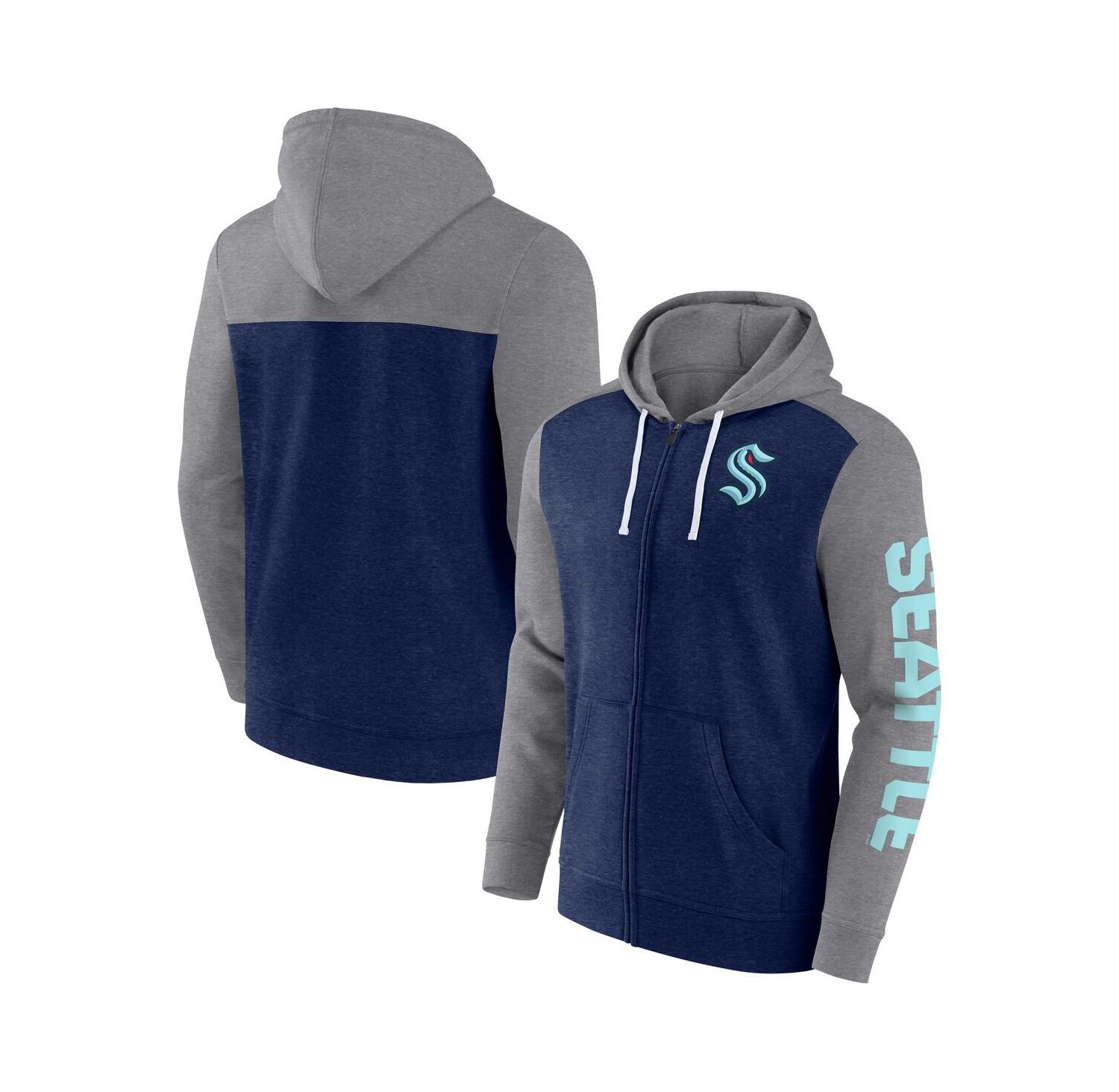 Men's Heather Deep Sea Blue Seattle Kraken Down and Distance Full-Zip Hoodie