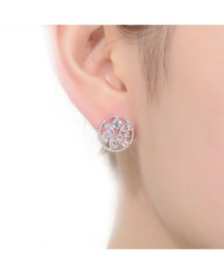 GV Sterling Silver White Gold Plated Ball Halo with Clear Multi Shape Cubic Zirconia Round Earrings