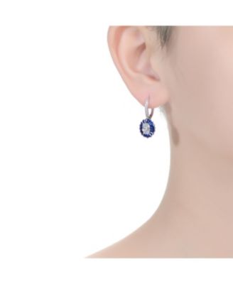 GV Sterling Silver White Gold Plated and Blue Cubic Zirconia Leaverback Earrings