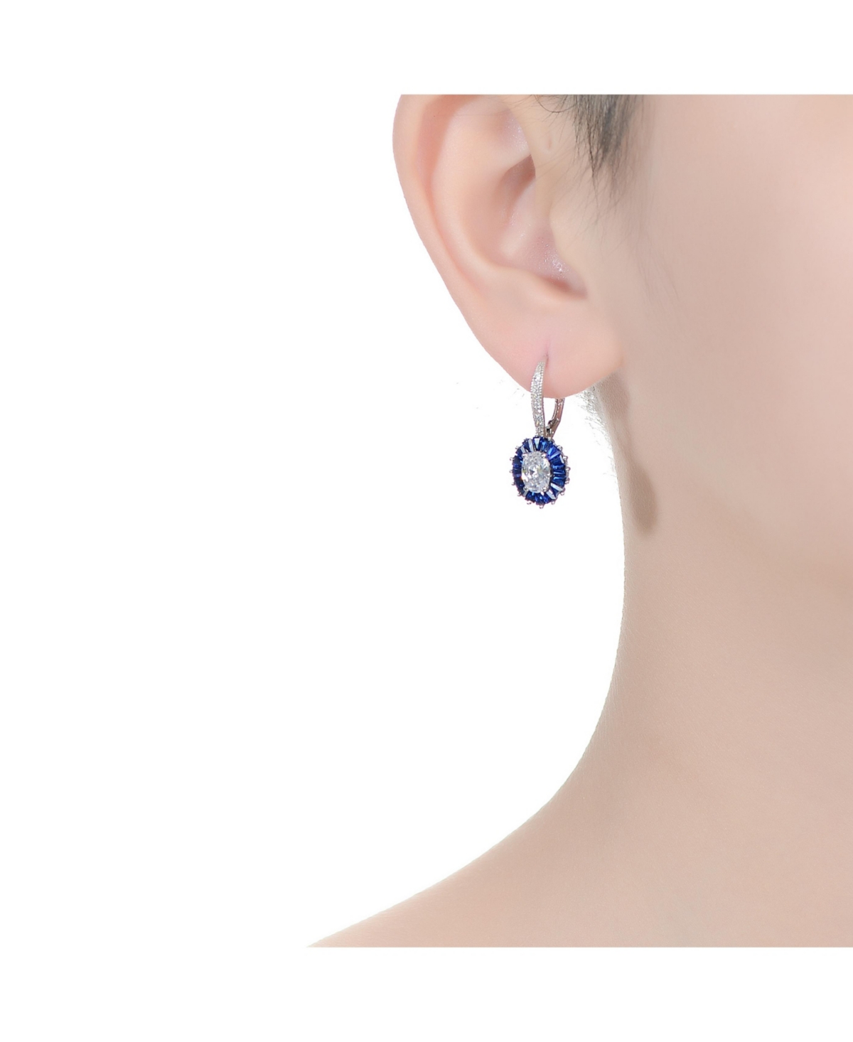 Genevive Gv Sterling Silver White Gold Plated andCubic Zirconia Leaverback Earrings - Blue