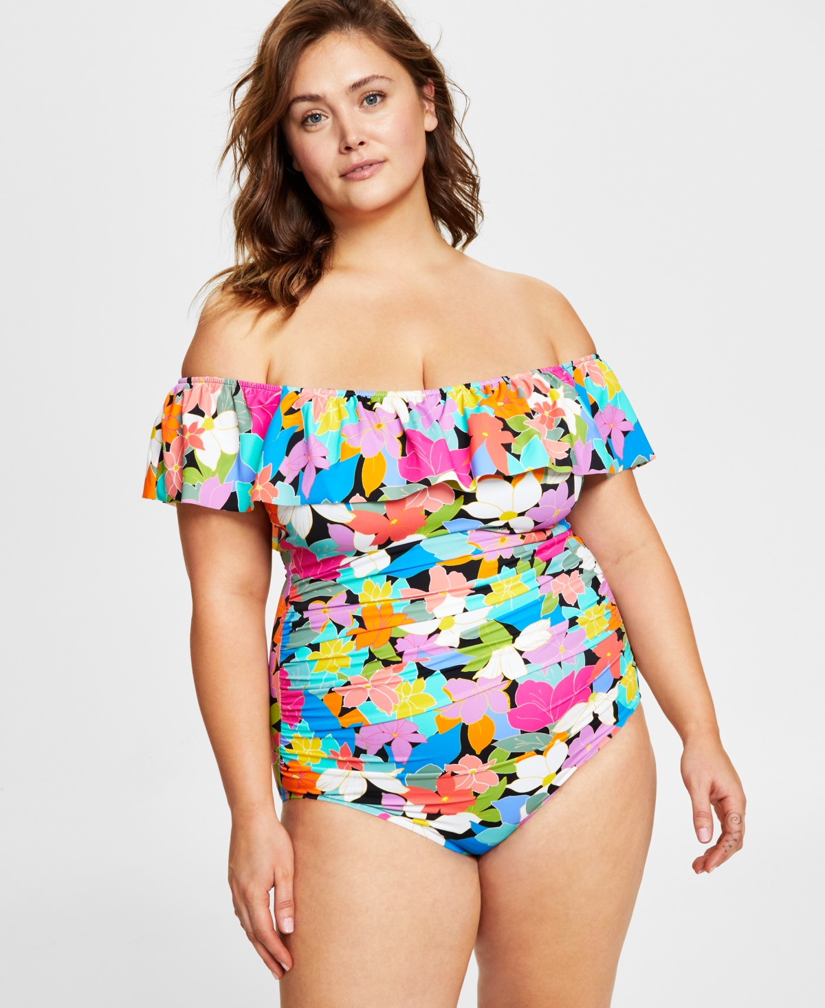 Plus Size Tummy Control Off-The-Shoulder Ruffled Swimsuit, Created For Macy's - Floral Frenzy