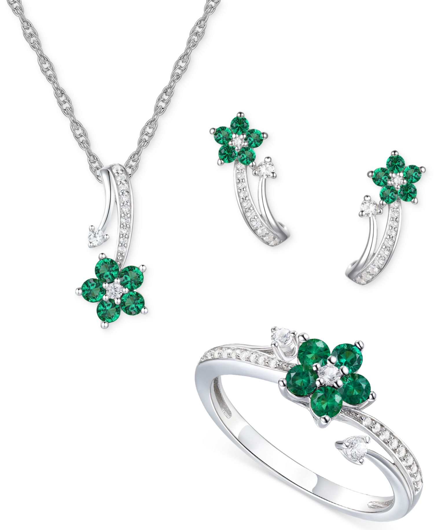 3-Pc. Set Amethyst (1 ct. t.w.) & Lab-Grown White Sapphire (3/8 ct. t.w.) Flower Pendant Necklace, Stud Earrings, & Ring in Sterling Silver (Also in Additional Gemstones)