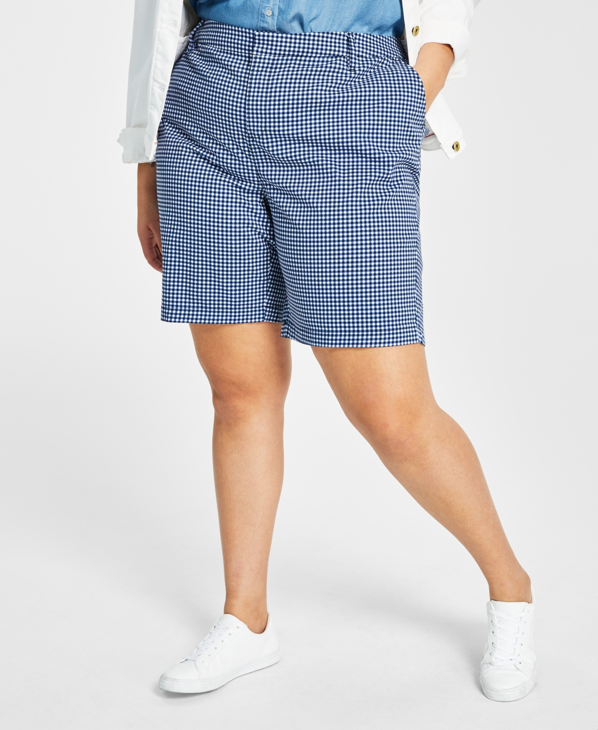 Tommy Hilfiger Plus Size Hollywood Gingham Bermuda Shorts In Sky Captain Multi